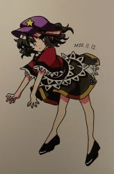 Rule 34 | 1girl, black eyes, black footwear, black hair, black ribbon, black skirt, cabbie hat, closed mouth, commentary, dated, expressionless, fingernails, full body, furiba 794, hat, hat ornament, highres, jiangshi, lace-trimmed sleeves, lace trim, looking at viewer, medium hair, miyako yoshika, neck ribbon, ofuda, one-hour drawing challenge, outstretched arms, purple hat, red shirt, ribbon, shirt, short sleeves, skirt, solo, star (symbol), star hat ornament, touhou, traditional media, wide sleeves, zombie pose
