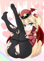 Rule 34 | 1girl, :q, absurdres, ass, bad id, bad pixiv id, black pantyhose, blonde hair, blue eyes, blush, bow, cleft of venus, closed mouth, collared jacket, demon wings, dorsiflexion, girls&#039; frontline, hair between eyes, hair bow, hat, head tilt, heart, heart background, highres, jacket, long hair, looking at viewer, no panties, no pants, no shoes, note2000, pantyhose, peaked cap, pussy, red bow, red hat, red jacket, red wings, smile, solo, star (symbol), super-shorty (girls&#039; frontline), thighband pantyhose, tongue, tongue out, torn clothes, torn pantyhose, two side up, very long hair, white background, wings