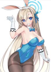 Rule 34 | animal ears, asuna (blue archive), asuna (bunny) (blue archive), blue archive, blue eyes, blue leotard, bow, bowtie, breasts, brown pantyhose, cleavage, detached collar, fake animal ears, gloves, grin, highres, large breasts, leotard, light brown hair, looking at viewer, mole, mole on breast, pantyhose, playboy bunny, rabbit ears, rabbit tail, smile, strapless, strapless leotard, swept bangs, tail, thighband pantyhose, white gloves, yukimura tsubame