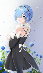 Rule 34 | 1girl, bare shoulders, black dress, black hairband, blue eyes, blue flower, blue hair, blue rose, bow, breasts, choker, closed mouth, cross-laced clothes, dress, falling petals, flower, flower knot, frilled dress, frills, from side, hair ornament, hair over one eye, hair ribbon, hairband, highres, large breasts, leaf, long dress, looking at viewer, looking back, medium breasts, one eye covered, petals, pink ribbon, plant, qing wu, re:zero kara hajimeru isekai seikatsu, rem (re:zero), ribbon, rose, rose petals, short hair, smile, solo, white bow, white choker, x hair ornament