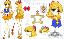 Rule 34 | 1girl, aino minako, alternate eye color, artist name, bishoujo senshi sailor moon, blonde hair, blue bow, bow, brooch, brown eyes, character name, character sheet, choker, circlet, closed mouth, earrings, elbow gloves, full body, gloves, hair bow, half updo, hand on own hip, high heels, instrument, jewelry, long hair, looking at viewer, magical girl, multiple persona, multiple views, orange choker, orange footwear, orange sailor collar, orange skirt, pleated skirt, pretty guardian sailor moon, profile, pumps, red bow, sailor collar, sailor senshi uniform, sailor venus, shirataki kaiseki, shoes, skirt, smile, standing, tambourine, tiara, two side up, venus symbol, white background, white gloves