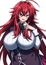 Rule 34 | 1girl, ahoge, black capelet, black corset, black ribbon, blue eyes, blush, breasts, capelet, cleavage, collared shirt, corset, crossed bangs, hair between eyes, high school dxd, highres, huge breasts, imuzi, kuoh academy school uniform, large breasts, long hair, long sleeves, looking at viewer, neck ribbon, pleated skirt, purple skirt, red hair, rias gremory, ribbon, school uniform, shirt, skirt, smile, solo, underbust, very long hair, white background, white shirt
