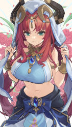Rule 34 | 1girl, armlet, bare shoulders, black skirt, blue bow, blush, bow, bracer, breasts, brooch, catsmoon, closed mouth, cowboy shot, crop top, flower, gem, genshin impact, green eyes, highres, holding, horns, jewelry, large breasts, layered skirt, leaning forward, long hair, looking at viewer, navel, nilou (genshin impact), parted bangs, petals, red flower, red hair, red rose, rose, sideboob, skirt, smile, solo, veil, very long hair, white skirt