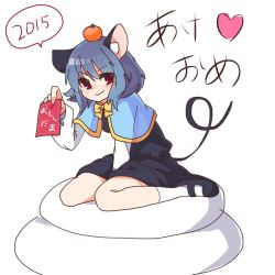 Rule 34 | &gt;:), 1girl, animal ears, blue hair, capelet, dress, food, food on head, fruit, fruit on head, happy new year, kozakura (dictionary), looking at viewer, mary janes, mouse ears, nazrin, new year, object on head, orange (fruit), red eyes, shoes, short hair, sitting, smile, socks, solo, touhou, v-shaped eyebrows, wariza, white socks