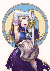 Rule 34 | 1girl, alternate costume, armor, blonde hair, blood, blue eyes, blush, boots, breasts, elbow gloves, gloves, lips, long hair, misonou hirokichi, open mouth, shield, skirt, solo, sophitia alexandra, soul calibur, soulcalibur, soulcalibur i, sword, thigh boots, thighhighs, torn clothes, weapon