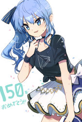 Rule 34 | 1girl, :d, black choker, black shirt, blue bow, blue eyes, blue hair, blue thighhighs, bow, choker, collarbone, commentary request, eyebrows hidden by hair, front-tie top, hair between eyes, hair bow, hand up, hololive, hololive idol uniform, hoshimachi suisei, long hair, looking away, midriff, navel, open mouth, pleated skirt, shadowsinking, shirt, side ponytail, simple background, single thighhigh, skirt, smile, solo, star (symbol), star in eye, striped, striped bow, sweat, sweatband, symbol in eye, thighhighs, tied shirt, translation request, virtual youtuber, white background, white skirt, wristband