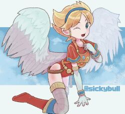 Rule 34 | 1girl, angel wings, armor, blonde hair, boots, breath of fire, breath of fire i, elbow gloves, feathered wings, full body, gloves, green eyes, hairband, knee boots, leotard, looking at viewer, lowres, nina (breath of fire i), one eye closed, open mouth, red leotard, short hair, sicky (pit-bull), smile, solo, thighhighs, white wings, wings
