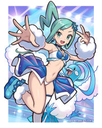 1girl :d altaria aqua_eyes aqua_hair arm_warmers armpits artist_name asymmetrical_sidelocks bikini bikini_skirt blue_bikini blue_choker blue_footwear blue_skirt boots border breasts choker clothing_request creatures_(company) crystal_earrings earrings foot_up foreshortening frilled_bikini_top fur-trimmed_footwear fur_trim game_freak gen_3_pokemon hair_ornament high_ponytail highres jewelry light_blush lisia_(pokemon) long_hair looking_at_viewer multicolored_bikini multicolored_clothes navel nintendo open_mouth outside_border patreon_username perspective pokemon pokemon_(creature) reaching reaching_towards_viewer redjet single_thighhigh skirt small_breasts smile solo sparkle stage_lights standing standing_on_one_leg swimsuit teeth thighhighs two-tone_bikini upper_teeth_only v very_long_hair white_bikini white_border white_thighhighs