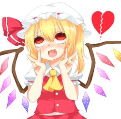 Rule 34 | 1girl, ahegao, ascot, bad id, bad pixiv id, blonde hair, blush, broken heart, double v, fang, female focus, flandre scarlet, hat, heart, lowres, open mouth, red eyes, saliva, saliva trail, sexually suggestive, short hair, side ponytail, smile, solo, tears, embodiment of scarlet devil, touhou, upper body, v, wings, yuria (kittyluv)