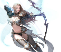 Rule 34 | 1girl, archery, armor, arrow (projectile), bikini armor, blonde hair, blue eyes, boots, bow (weapon), breasts, butterfly wings, cleavage, closed mouth, daeho cha, earrings, elf, female focus, gauntlets, highres, holding, holding weapon, insect wings, jewelry, long hair, looking at viewer, medium breasts, armored boots, mu origin, navel, panties, pointy ears, reaching, shoulder pads, simple background, smile, solo, stomach, thighhighs, thighhighs under boots, underwear, weapon, wings