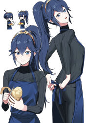 Rule 34 | 2girls, alternate costume, alternate hairstyle, ameno (a meno0), apron, black pants, black sweater, blue apron, blue eyes, blue hair, blue mask, blush, dual persona, fire emblem, fire emblem awakening, fire emblem heroes, flying sweatdrops, food, hair between eyes, head tilt, holding, holding knife, holding plate, knife, long hair, long sleeves, looking at viewer, lucina (fire emblem), marth (fire emblem awakening), mask, masked, multiple girls, multiple views, nintendo, omelet, pants, plate, ponytail, potato, ribbed pants, ribbed sweater, short hair, simple background, smile, sweater, tiara, turtleneck, turtleneck sweater, white background