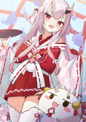 Rule 34 | 1girl, absurdres, bell, blush, commentary request, cowboy shot, fang, front bow, grey hair, highres, holding, holding tray, hololive, horns, japanese clothes, long hair, long sleeves, looking at viewer, miko, nakiri ayame, open mouth, parijennu222, red eyes, red skirt, sidelocks, skin-covered horns, skin fang, skirt, sleeves past wrists, smile, solo, standing, thighhighs, tray, virtual youtuber, white thighhighs, wide sleeves