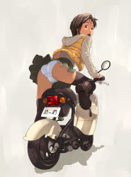 Rule 34 | 1girl, ass, boots, brown hair, clothes lift, copyright request, gradient background, grey background, jacket, license plate, looking at viewer, looking back, motor vehicle, notsu, notsu (gsxr), orange eyes, panties, pantyshot, scooter, short hair, simple background, skirt, skirt lift, solo, surprised, thighhighs, translated, underwear, vehicle, white panties