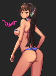 Rule 34 | 1girl, absurdres, ass, back, bad id, bad pixiv id, bare shoulders, bikini, bikini top only, blue bikini, breasts, brown eyes, brown hair, character name, clyde s, contrapposto, cowboy shot, d.va (overwatch), eyebrows, facepaint, facial mark, from behind, halterneck, hand on own hip, headphones, highres, legs apart, long hair, looking at viewer, looking back, medium breasts, micro bikini, micro bikini top, overwatch, overwatch 1, sideboob, simple background, solo, standing, swimsuit, thong, thong bikini, twisted torso, whisker markings
