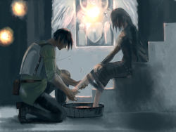 Rule 34 | 1boy, 1girl, armor, bandages, barefoot, black hair, cape, demon&#039;s souls, feet, from software, holding another&#039;s foot, jewelry, leg hold, maiden in black, on one knee, short hair, sitting, sitting on stairs, slayer of demons, soaking feet, stairs, tub, water, wet, ymd (artist)