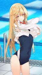 Rule 34 | + +, 1girl, alternate breast size, black one-piece swimsuit, blonde hair, bow, bowtie, chroemaguro, competition swimsuit, cowboy shot, highres, long hair, long sleeves, matching hair/eyes, one-piece swimsuit, poolside, red bow, red bowtie, school swimsuit, shirt, shokuhou misaki, solo, standing, swimsuit, swimsuit under clothes, toaru majutsu no index, tokiwadai school swimsuit, white shirt, yellow eyes