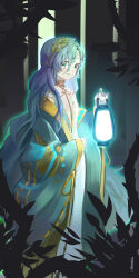 Rule 34 | 1girl, 37 (reverse:1999), absurdres, blue eyes, blue hair, blue robe, branch, breasts, cleavage, closed mouth, commentary, forest, highres, holding, holding lantern, jewelry, lantern, laurels, long hair, long sleeves, nature, neck ring, outdoors, plant, reverse:1999, robe, sang lu, small breasts, smile, solo, thorns, vines, white robe