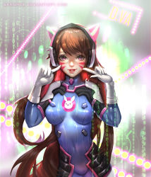 Rule 34 | 1girl, animal ears, animal print, arms up, binary, blue suit, bodysuit, brown hair, cat ears, covered navel, crotch, d.va (overwatch), deviantart username, facepaint, facial mark, fake animal ears, formal, gloves, headphones, headset, highres, long hair, looking at viewer, open mouth, overwatch, overwatch 1, pointing, pointing at self, purple eyes, rabbit print, red lips, revision, ribbed bodysuit, sangrde, skin tight, solo, suit, turtleneck, very long hair, watermark, web address, whisker markings, white gloves