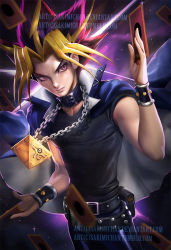 Rule 34 | 1boy, belt, blonde hair, blurry, card, chain, chain necklace, collar, depth of field, dyed bangs, jacket, jacket on shoulders, jewelry, male focus, millennium puzzle, multicolored hair, muto yugi, necklace, pink eyes, pink hair, pouch, red hair, sakimichan, solo, upper body, watermark, web address, wrist cuffs, yami yugi, yu-gi-oh!