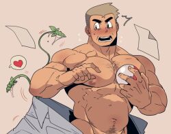 Rule 34 | 1boy, abs, assisted exposure, bara, bare pectorals, blush, chest hair, creatures (company), embarrassed, game freak, grey hair, heart, lab coat, large pectorals, male focus, mature male, muscular, muscular male, navel, navel hair, nintendo, nipples, paper, pectorals, plant, poke ball, pokemon, pokemon rgby, rybiok, samuel oak, short hair, solo, spoken heart, tentacles, tentacles on male, undressing, upper body, vines