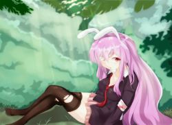 Rule 34 | 1girl, animal ears, bad id, bad pixiv id, black thighhighs, blazer, injury, jacket, long hair, looking at viewer, purple hair, rabbit ears, red eyes, reisen udongein inaba, septet (zrca janne), solo, thighhighs, torn clothes, torn thighhighs, touhou, very long hair