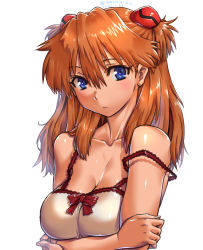 Rule 34 | 1girl, alternate breast size, amania orz, bare shoulders, blue eyes, blush, breast hold, breasts, cleavage, collarbone, crossed arms, dated, dress, frown, hair between eyes, hair ornament, interface headset, large breasts, looking at viewer, neon genesis evangelion, orange hair, shiny skin, simple background, solo, souryuu asuka langley, strap slip, twitter username, upper body, white background, white dress
