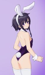 Rule 34 | 1girl, animal ears, ass, bare shoulders, black hair, breasts, character request, fake animal ears, fake tail, fire emblem, from behind, larcei (fire emblem), leotard, looking at viewer, looking back, nintendo, purple eyes, purple leotard, rabbit ears, rabbit tail, small breasts, smile, solo, strapless, strapless leotard, tail, thighhighs, white thighhighs