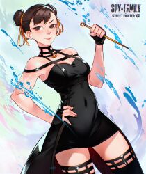 Rule 34 | black dress, black gloves, black thighhighs, breasts, brown eyes, brown hair, capcom, cesar art456, chun-li, cleavage, commentary, cosplay, covered navel, double bun, dress, english commentary, fingerless gloves, gloves, hair bun, hand on own hip, highres, holding, holding needle, lips, looking at viewer, medium breasts, medium hair, needle, smile, solo, spy x family, standing, street fighter, street fighter 6, thighhighs, yor briar, yor briar (cosplay)