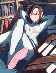 Rule 34 | 1girl, absurdres, arms behind head, ass, bodysuit, book, bookshelf, breasts, brown hair, closed mouth, crossed legs, evangelion: 3.0+1.0 thrice upon a time, feet, foot out of frame, glasses, hairband, hammock, highres, legs, long hair, looking at viewer, lying, makinami mari illustrious, medium breasts, neon genesis evangelion, on back, plugsuit, rebuild of evangelion, red-framed eyewear, smile, soles, solo, twintails, white bodysuit, yakisobaosu