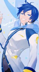 Rule 34 | 1boy, arched back, arm at side, black pants, blue eyes, blue hair, blue scarf, blue theme, clothes lift, coat, colored eyelashes, confetti, dated, eyelashes, fingernails, hair between eyes, hand up, happy birthday, headset, high collar, highres, kaito (vocaloid), kaito (vocaloid3), blue background, long coat, long sleeves, looking at viewer, male focus, pants, partially unzipped, scarf, see-through, simple background, smile, teeth, tnka 3, tsurime, upper body, vocaloid, white coat, zipper