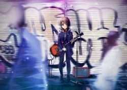 Rule 34 | 1girl, absurdres, amplifier, bad id, bad twitter id, black footwear, blurry, blurry foreground, brown eyes, brown hair, cable, chromatic aberration, closed mouth, clothing request, commentary request, electric guitar, full body, graffiti, guitar, hair ornament, hairclip, headphones, headphones around neck, highres, hirasawa yui, holding, holding instrument, instrument, jacket, k-on!, light blush, light smile, looking at viewer, medium hair, microphone, microphone stand, motion blur, outdoors, short hair, solo focus, standing, verse