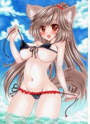Rule 34 | 1girl, absurdres, alternate hairstyle, animal ears, bikini, blush, breasts, brown hair, cameltoe, fang, female focus, frilled bikini, frills, front-tie top, groin, highres, imaizumi kagerou, large breasts, long hair, looking at viewer, marker (medium), masaki (masarin0909), navel, ocean, open mouth, partially submerged, ponytail, red eyes, side-tie bikini bottom, smile, solo, swimsuit, tail, touhou, traditional media, underboob, untied, wading, water, wolf ears, wolf tail