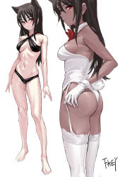 Rule 34 | 1girl, animal ears, artist name, ass, bare arms, bare shoulders, barefoot, bikini, black bikini, black hair, blush, bow, bowtie, breasts, breasts apart, cat ears, commentary request, criss-cross halter, expressionless, fake tail, feet out of frame, fkey, full body, garter straps, halterneck, head tilt, highres, leotard, looking at viewer, medium breasts, multiple views, navel, original, playboy bunny, rabbit tail, red bow, red eyes, red neckwear, sidelocks, simple background, standing, swimsuit, tail, thighhighs, white background, white thighhighs