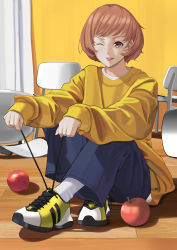 Rule 34 | 1girl, :p, absurdres, brown eyes, brown hair, haerge, highres, looking at viewer, one eye closed, persona, persona 4, satonaka chie, shoelaces, shoes, short hair, smile, solo, tongue, tongue out, tying shoes