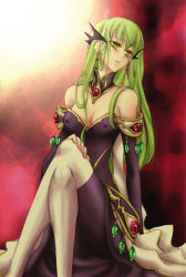 Rule 34 | 1girl, aise1804, breasts, c.c., code geass, covered erect nipples, crossed legs, detached sleeves, dress, earrings, female focus, gradient background, green hair, hair ornament, jewelry, long hair, military, military uniform, sitting, solo, uniform, yellow eyes