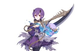 Rule 34 | black pantyhose, blue fire, collar, dress, fire, holding, holding sword, holding weapon, horns, official art, pantyhose, princess connect!, purple dress, purple hair, red eyes, shinobu (princess connect!), short hair, skull, sword, tachi-e, transparent background, weapon