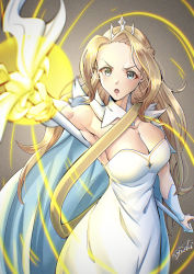 Rule 34 | 1girl, absurdres, afk arena, aqua eyes, belinda (afk arena), blonde hair, breasts, cape, cloak, dress, fujiichi, highres, large breasts, long hair, open mouth, signature, solo, staff, strapless, strapless dress, tiara, upper body, white cloak, white dress