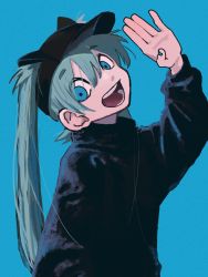 Rule 34 | 1girl, alternate costume, aqua hair, black headwear, black sweater, blue background, blue eyes, blue nails, end80236189, hair between eyes, hand up, hatsune miku, highres, long hair, long sleeves, looking at viewer, nail polish, open mouth, simple background, smile, solo, sweater, twintails, upper body, vocaloid