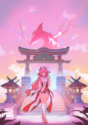 Rule 34 | 1girl, bare legs, bare shoulders, blouse, breasts, closed mouth, commentary, detached sleeves, dress, falling petals, full body, genshin impact, guryfrog, highres, interlocked fingers, large breasts, legs, long hair, looking at viewer, low tied hair, own hands together, petals, pink hair, pink theme, purple eyes, sandals, shirt, signature, smile, solo, stairs, standing, statue, thighs, tree, turtleneck, turtleneck dress, white dress, white shirt, yae miko