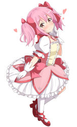 Rule 34 | 1girl, absurdres, aikawa ryou, blush, bow, breasts, brown eyes, closed mouth, collarbone, commentary request, frilled skirt, frills, full body, gloves, hair between eyes, hair bow, heart, highres, index finger raised, kaname madoka, looking at viewer, mahou shoujo madoka magica, mahou shoujo madoka magica (anime), pantyhose, pink hair, puffy short sleeves, puffy sleeves, red bow, red footwear, shoes, short sleeves, simple background, skirt, small breasts, smile, socks, solo, standing, twintails, white background, white gloves, white pantyhose, white skirt, white socks