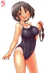 Rule 34 | 1girl, artist logo, black hair, black one-piece swimsuit, brown eyes, commentary request, competition swimsuit, cowboy shot, dated, goggles, unworn goggles, highres, kanon (kurogane knights), kantai collection, looking at viewer, nagara (kancolle), one-piece swimsuit, one-piece tan, one side up, open mouth, short hair, simple background, smile, solo, swimsuit, tan, tanline, white background