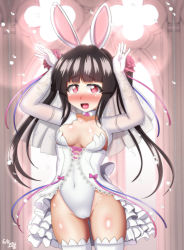 Rule 34 | 1girl, animal ears, black hair, blunt bangs, blush, breasts, bridal gauntlets, cameltoe, choker, covered navel, detached sleeves, frills, hip bones, jewelry, leotard, long hair, looking at viewer, open mouth, pikeru (artist), rabbit ears, red eyes, ring, senki zesshou symphogear, shiny skin, small breasts, smile, solo, thighhighs, tsukuyomi shirabe, twintails, veil, white thighhighs