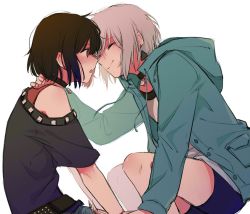 Rule 34 | 2girls, aoba moca, bang dream!, black hair, choker, closed eyes, facing another, grey hair, holding hands, hand on another&#039;s neck, hood, hooded jacket, imminent kiss, jacket, kalsept, mitake ran, multicolored hair, multiple girls, red hair, shorts, sitting, smile, squatting, streaked hair, white background, yuri