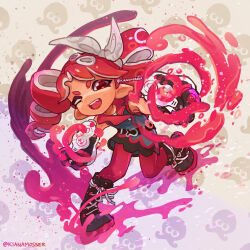 Rule 34 | 1girl, artist name, black footwear, boots, drill hair, kasane teto, kianamosser, nintendo, octoling, octoling girl, octoling player character, one eye closed, open mouth, pantyhose, patterned background, red hair, red pantyhose, solo, splatoon (series), swept bangs, teeth, tetra dualies (splatoon), twin drills, upper teeth only, vocaloid