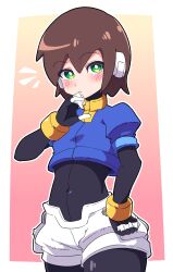 Rule 34 | 1girl, absurdres, aile (mega man zx), black bodysuit, blue jacket, bodysuit, buzzlyears, covered navel, cropped jacket, green eyes, hand on own hip, highres, jacket, looking at viewer, mega man (series), mega man zx, short hair, short shorts, short sleeves, shorts, solo, white shorts