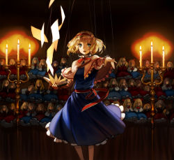Rule 34 | 1girl, alice margatroid, blonde hair, blue eyes, book, candle, capelet, doll, esukee, female focus, floating, flying paper, foreshortening, hairband, hat, holding, hourai doll, paper, pointing, shanghai doll, short hair, solo, standing, string, touhou, witch hat