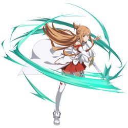 Rule 34 | 1girl, armor, asuna (sao), braid, breastplate, brown eyes, brown hair, cape, crown braid, detached sleeves, floating hair, full body, holding, holding sword, holding weapon, leg up, long hair, miniskirt, official art, pleated skirt, red skirt, simple background, skirt, solo, sword, sword art online, sword art online: code register, thighhighs, very long hair, waist cape, weapon, white background, white cape, white thighhighs, zettai ryouiki