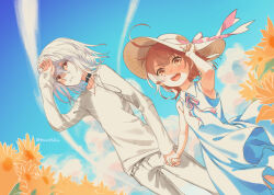 Rule 34 | 1boy, 1girl, accelerator (toaru majutsu no index), ahoge, albino, ambiguous gender, belt, black choker, blue dress, bow, brown eyes, brown hair, child, choker, cloud, cloudy sky, dress, dress bow, dutch angle, electrodes, field, flower, flower field, from below, hand on own face, hand up, hat, hat ribbon, holding, holding clothes, holding hands, holding hat, last order (toaru majutsu no index), long sleeves, looking at viewer, open mouth, pale skin, pants, pink bow, pink ribbon, red eyes, ribbon, shirt, short hair, signature, sky, sleeveless, smile, sparkling eyes, staring, straw hat, sundress, sunflower, sunflower field, sunlight, tautiki, toaru majutsu no index, white belt, white hair, white pants, white shirt, wide shot, wind