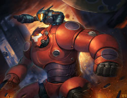 Rule 34 | 1boy, battlesuit, baymax, big hero 6, building, clenched hands, disney, helmet, highres, hiro hamada, male focus, outdoors, pointing, robot, sgt lonely, skyscraper, sunset