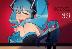 Rule 34 | 2girls, 39, absurdres, billboard, black skirt, black sleeves, black thighhighs, blue eyes, blue hair, commentary, derivative work, detached sleeves, english commentary, english text, grey shirt, hatsune miku, highres, long hair, looking at viewer, meme, multiple girls, open mouth, paranoid ghosts, pleated skirt, red background, shirt, skirt, sleeveless, sleeveless shirt, smile, thighhighs, twintails, twitter username, veil (manga), veil scene 14 redraw (meme), very long hair, vocaloid